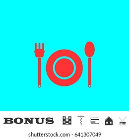 Plate with fork and spoon icon flat. Red pictogram on blue background. Vector illustration symbol and bonus buttons Music center, corkscrew, credit card, house, drum
