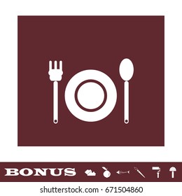 Plate with fork and spoon icon flat. White pictogram on brown background. Vector illustration symbol and bonus icons