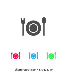 Plate with fork and spoon icon flat. Color pictogram on white background. Vector illustration symbol and bonus icons