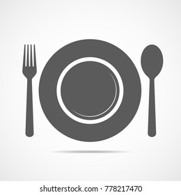 Plate, fork and spoon icon in flat design. Vector illustration. Gray restaurant symbol.