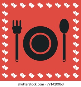 Plate with fork and spoon icon flat. Simple black pictogram on red background with white hearts for valentines day. Vector illustration symbol