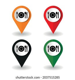Icono de placa, tenedor y cuchara - símbolo del restaurante. Pin de mapa de iconos. Ilustración vectorial.