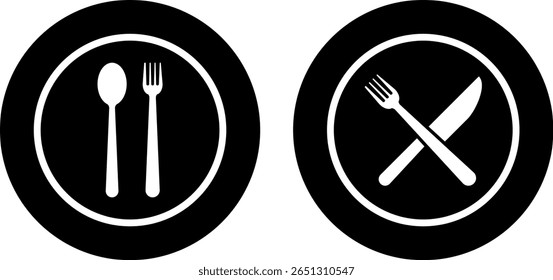 Placa con el icono de la cuchara del tenedor fijado. Icono de comida. Símbolo de la placa. Iconos de la cena del almuerzo del desayuno. Signo de menú. Instrumentos de vajilla
