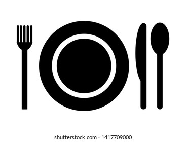 Plate, fork and spoon icon. Vector illustration..