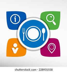Plate fork and spoon and icons set vector illustration. Modern Flat style 