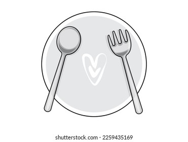 Placa con tenedor, cuchara aislada en fondo blanco, vector 