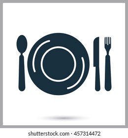 Plate, fork, spoon and knife icon on the background