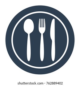 Plate fork spoon and knife icon on white background. Vector illustration