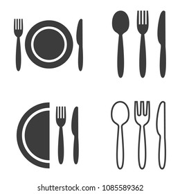 Plate, fork, spoon and knife icons on white background. Vector illustration