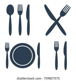Plate fork spoon and knife icons set on white background. Vector illustration