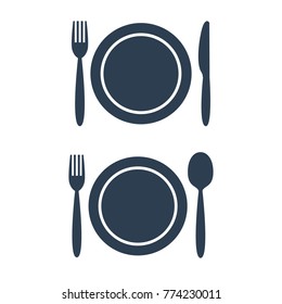 Plate fork spoon and knife icons on white background. Vector illustration