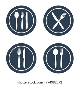 Plate fork spoon and knife icons on white background. Vector illustration