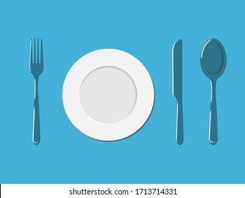 Plate, fork, spoon and a knife. Vector illustration. Oblects on a blue background.