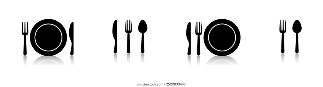Plate fork spoon and knife vector icons. Plate with utensils around it