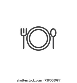 Plate with fork and spoon line icon, outline vector sign, linear style pictogram isolated on white. Dinner time symbol, logo illustration. Editable stroke