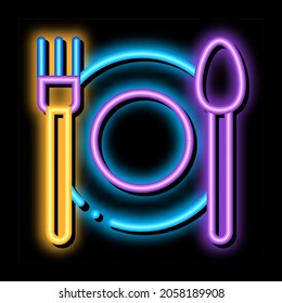 Plate Fork And Spoon neon light sign vector. Glowing bright icon transparent symbol illustration