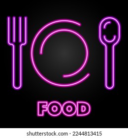 plate fork spoon neon sign, modern glowing banner design, colorful modern design trends on black background. Vector illustration.