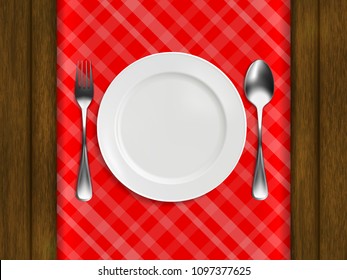 Plate, fork, spoon on a red checkered tablecloth, lie on a wooden table. realistic style. vector illustration.