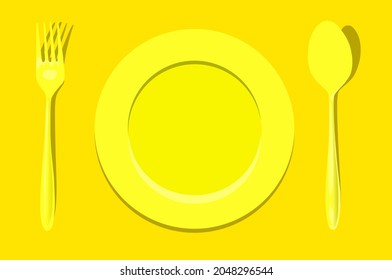 plate with fork and spoon, on the table, yellow background and yellow dishes, 3d model plate fork and spoon.