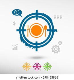 Plate fork and spoon on target icons background. Flat illustration.