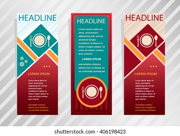 Plate fork and spoon on vertical banner. Modern abstract flyer, banner, brochure design template. 