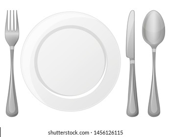 Plate, fork, spoon on white bacground. Object for packaging, advertisements, menu. Isolated on white. Vector illustration. Cartoon.
