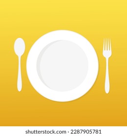 Plate fork and spoon on a yellow background. Art design kitchen silverware table setting. Concept graphic printables element. Vector illustration