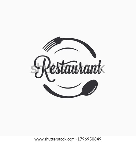 Plate with fork and spoon. Restaurant logo on white background