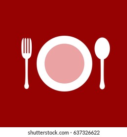 Plate, fork, spoon set icon. Flat design. Vector illustration. Red and white.
