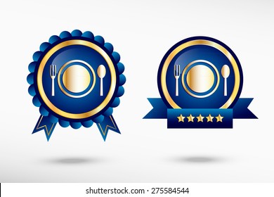 Plate fork and spoon and stylish quality guarantee badges. Blue colorful Promotional Labels. 