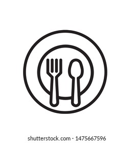 Plate Fork And Spoon Vector Sign Thin Line Icon. Plate With Flatware Restaurant Mark