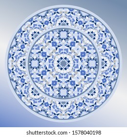 plate, frame. mandala. Vector retro  pattern in blue. Ideal for printing on fabric or paper.