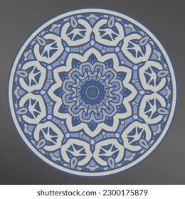 plate, frame. round geometric ornament in white blue for tea or coffee porcelain plate,trays, dishes and souvenirs, can also be used as a background, invitation, greeting card