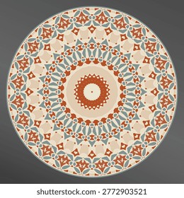 Plate, frame. Vector  floral  ornament  beige orange blue for decorative plate. Home  decor, interior design. Mandala.