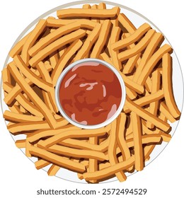 Plate of french fries and ketchup top view, french fries and ketchup.
