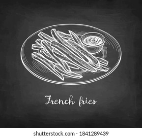 Plate of french fries with sauce. Fried potatoes. Chalk sketch on blackboard background. Hand drawn vector illustration. Retro style.