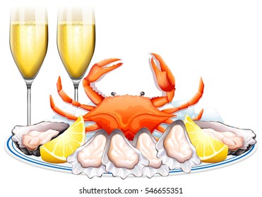 Plate of fresh crab and oysters illustration