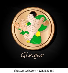 Plate with fresh ginger on black background illustration set. Vector.