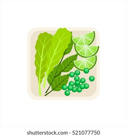 Plate With Fresh Salad Leaves, Green Peas And Lime Slices, Ingredients Prepared For Cooking On A Plate Vector Illustration