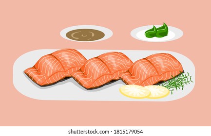 a plate of fresh salmon slide with wasabi and soy souce vector illustration cute anime