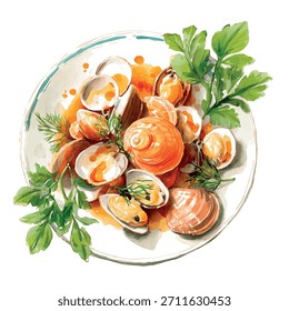 Um prato de frutos do mar frescos com conchas dispostas lindamente em um prato branco.