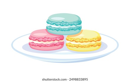 Plate with fresh and sweet macarons in a cartoon style. Vector illustration of delicious macarons with different flavors in a plate isolated on white background. French gourmet dessert. Confectionery.