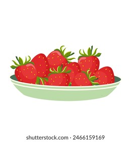 Plate with fresh sweet strawberries isolated on white background. Fresh, organic red berries. Vector illustration