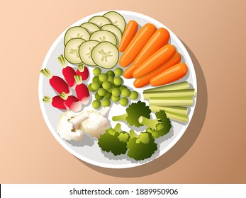 Plate with fresh vegetables, cucumber, broccoli, cauliflower, peas, carrots, herring, radish healthy food advertisement - Vector isolated illustration restaurant menu design flat top view