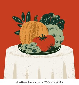 A plate with fresh vegetables. On round restaurant table. Vector illustration.