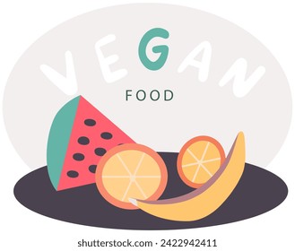 Plate mit frischem Gemüse, Wassermelone und Melone Vektorgrafik. Gesundes Essen, natürliche Zutaten für vegetarische Gerichte, Salat. Kochen zu Hause, Bio-Lebensmittel, veganisches Produktzubereitungskonzept