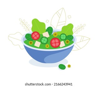 Plate with fresh vitamin healthy salad of tomatoes, cucumbers, herbs, olives, ricotta, arugula, spinach, cheese, lettuce. Appetizing healthy breakfast, dinner, lunch. Light dinner.