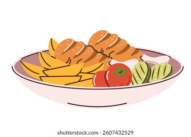 A plate with fried chicken legs, potatoes, grilled zucchini and tomatoes. Vector illustration in flat style, isolated on a white background