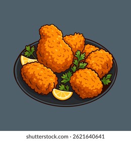 A plate of fried chicken nuggets garnished with lemon wedges and parsley is shown, ideal for a tasty meal.