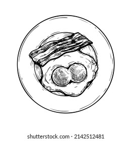 Plate with fried double-eyed egg and bacon slice. Hand drawn sketch style traditional breakfast drawing. Vector illustration on white background.